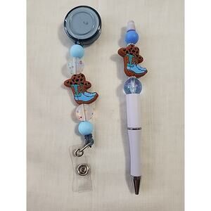 Bead Pen & Badge Reel Combo Blue & Brown Cowgirl Boot